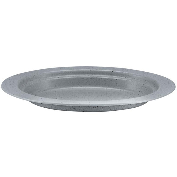 A stainless steel Bon Chef oval food pan with a speckled surface.