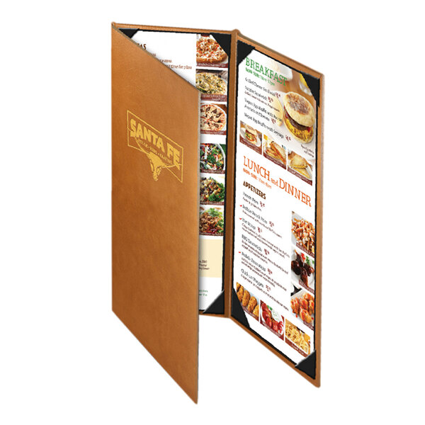 A brown Menu Solutions Bella menu cover with a menu inside.