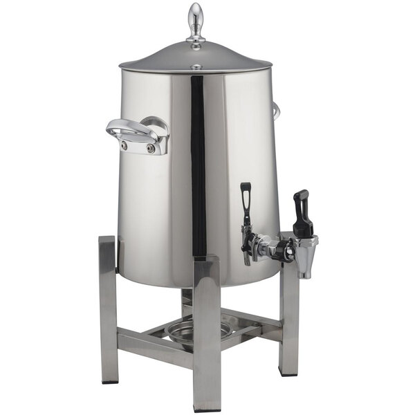 A Bon Chef stainless steel coffee chafer urn with a lid and a handle.