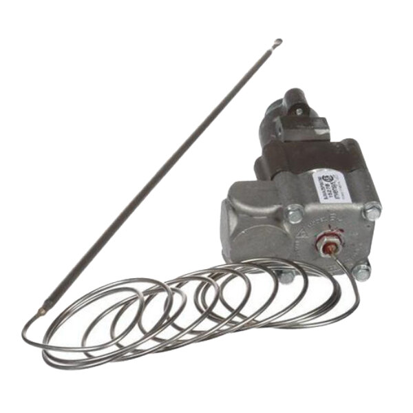 A Cooking Performance Group thermostat control valve with a wire and metal rod.