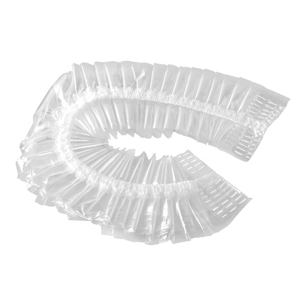 A clear disposable shower cap made of plastic.