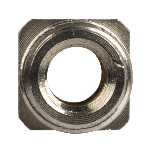 A close-up of a stainless steel square head blade nut.