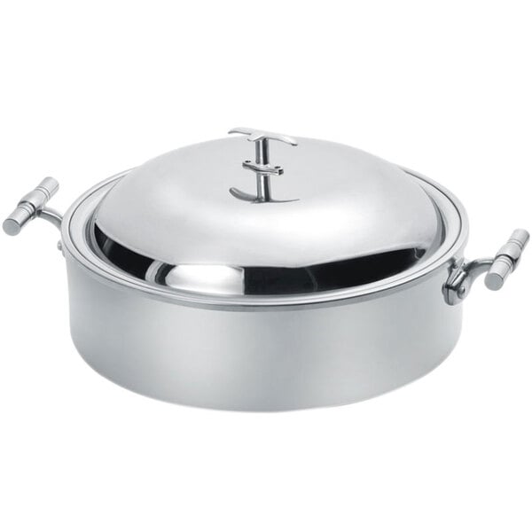 An Eastern Tabletop mirrored stainless steel pot with lid and double handles.