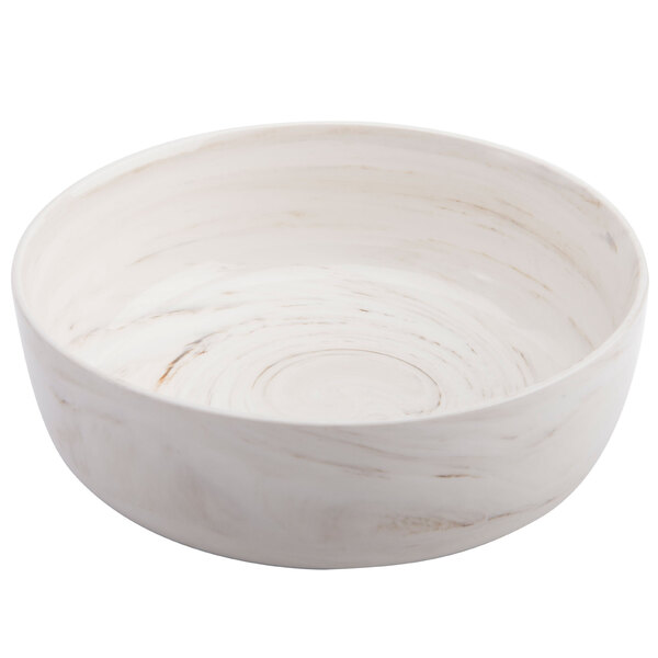 A white Oneida Marble porcelain bowl with a swirl pattern.