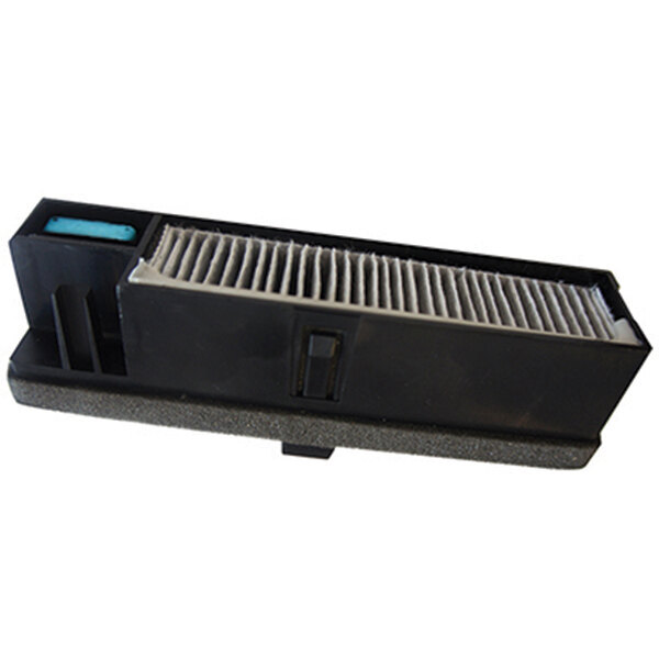 A black rectangular air filter with a white and blue filter.