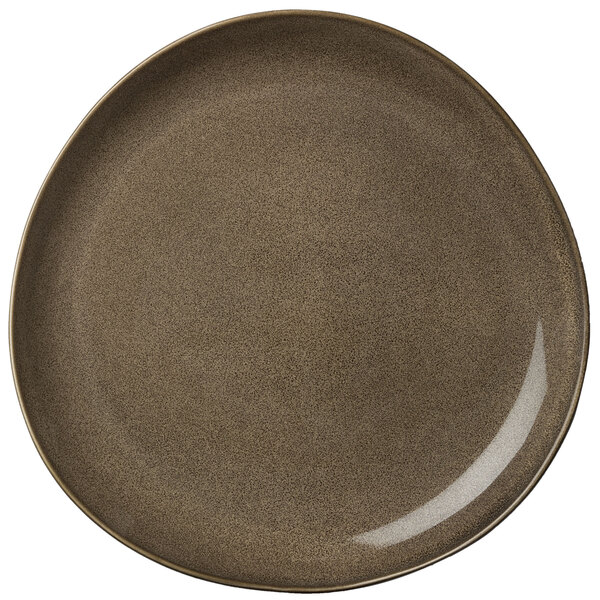 A brown porcelain plate with a small white border.