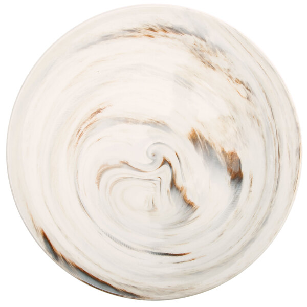 A close up of a white porcelain coupe plate with a brown swirl pattern.