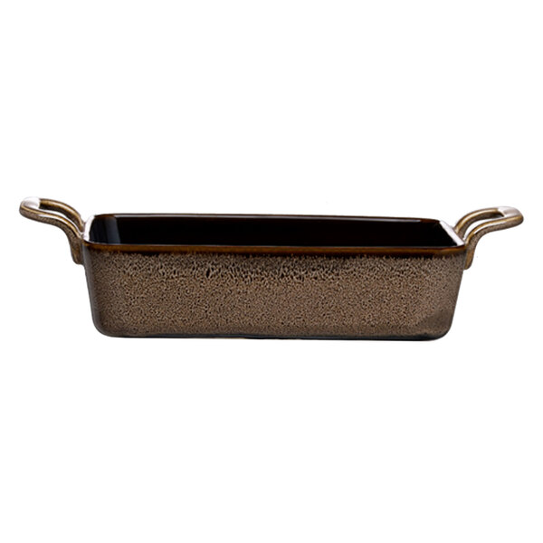 Oneida Rustic by 1880 Hospitality brown rectangular baker with handles.