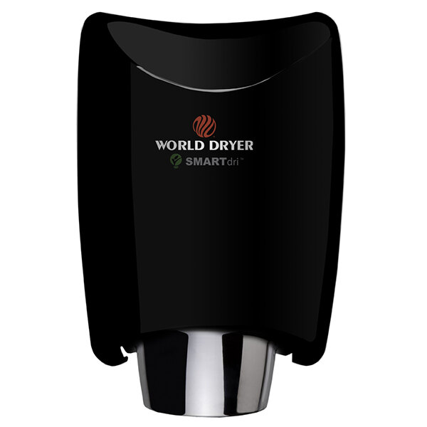 A black and silver World Dryer hand dryer.