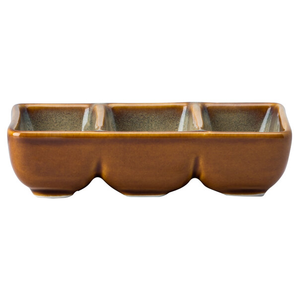 A brown rectangular Oneida Rustic Sama Porcelain dish with three compartments.