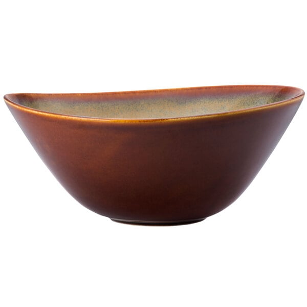 A brown Sama porcelain soup bowl with a brown rim.