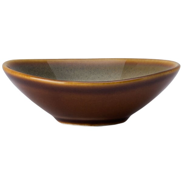 A brown Oneida Rustic Sama porcelain dish with a brown rim on a white background.