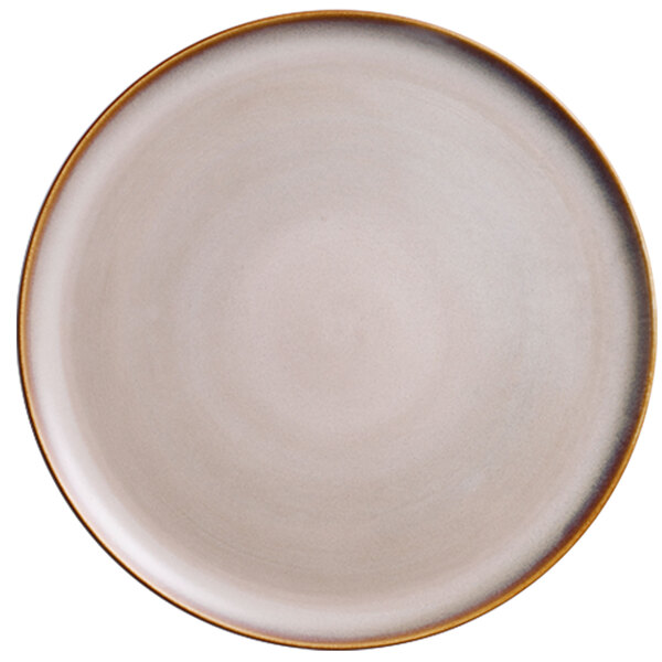 A white porcelain pizza plate with a brown rim.