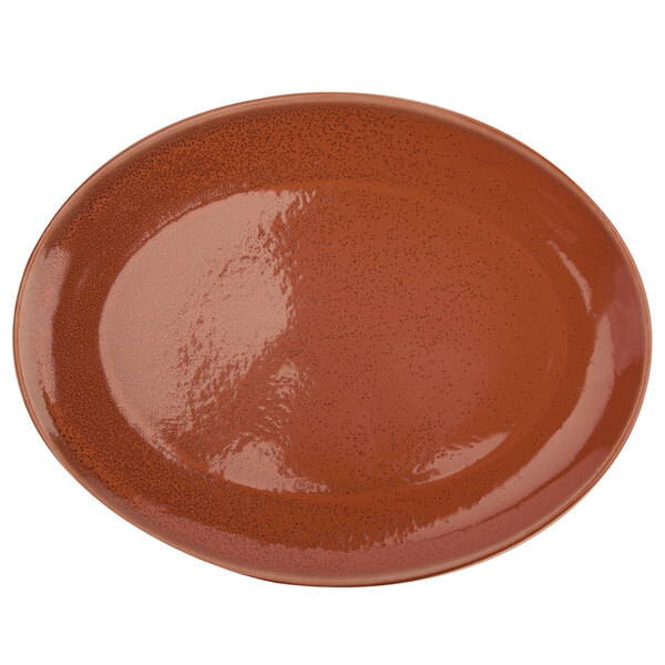A brown oval porcelain platter with a speckled rim.
