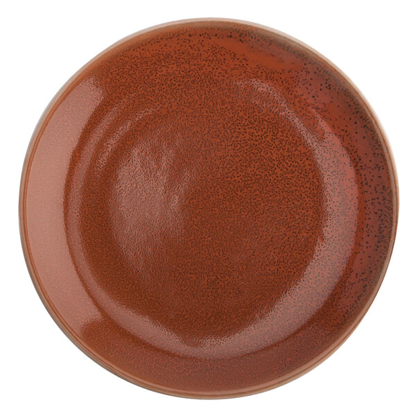 A close up of a brown Oneida Terra Verde Cotta porcelain plate with a speckled texture and brown rim.