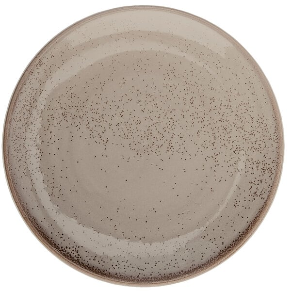 A close-up of a Oneida Terra Verde Natural porcelain coupe plate with brown and white speckles.