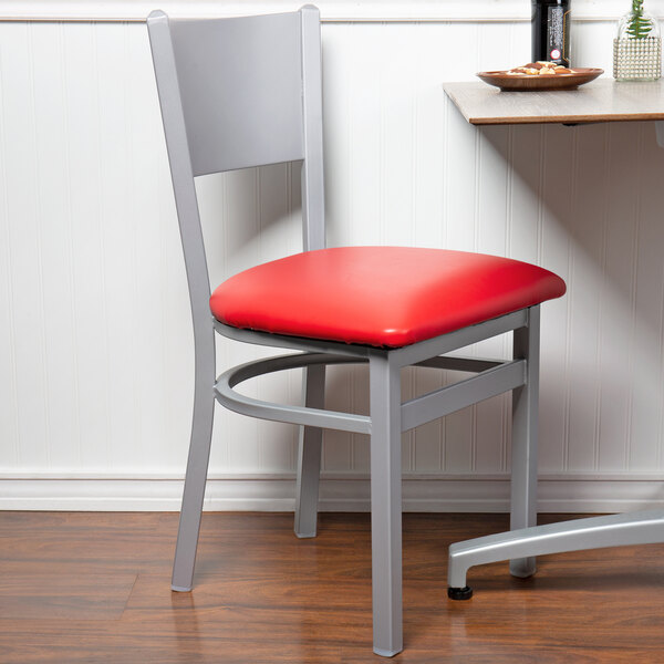 BFM Seating Axel Silver Mist Steel Side Chair with Red Padded Vinyl Seat