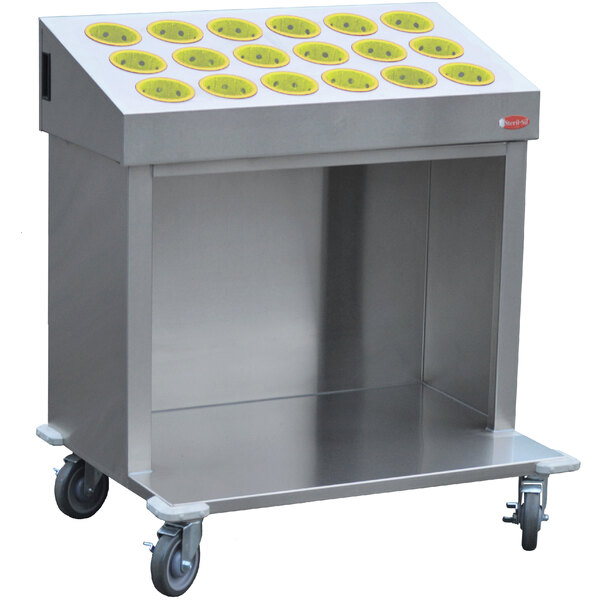 A Steril-Sil stainless steel silverware cart with yellow cylinders on top.