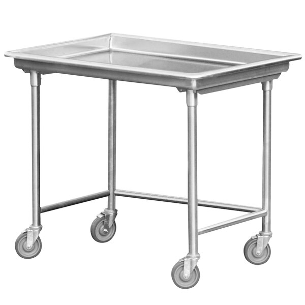 A silver rectangular Steril-Sil stainless steel sorting table with wheels.