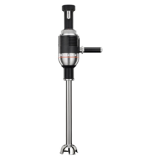 A silver and black KitchenAid immersion blender with a metal handle.