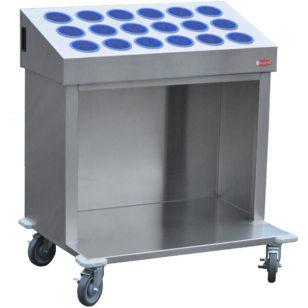 A stainless steel Steril-Sil silverware cart with blue wheels and blue cylinders on top.
