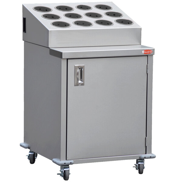 A stainless steel silverware cart with 12 stainless steel silverware cylinders on wheels.