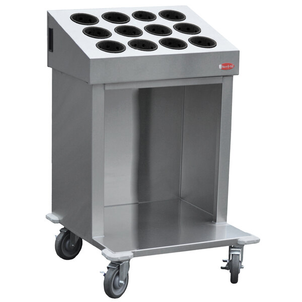 A Steril-Sil stainless steel cart with black silverware cylinders on it.