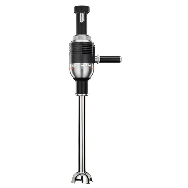 A silver and black KitchenAid 400 Series hand held immersion blender with a metal whisk.