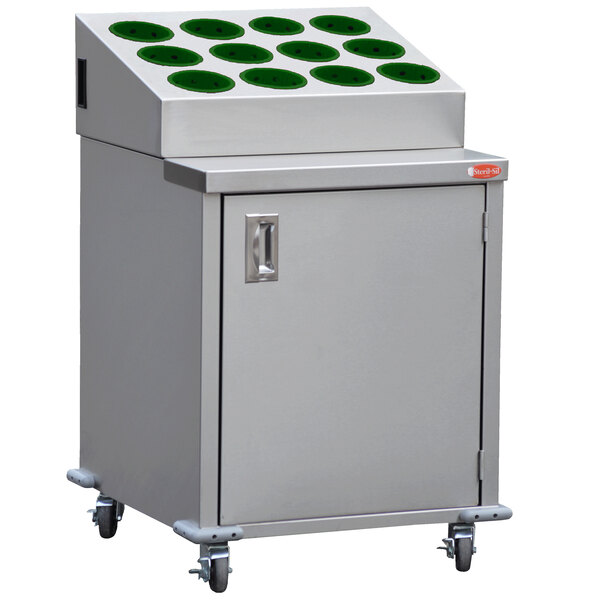 A stainless steel silverware cart with green lids on metal containers.