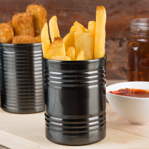 American Metalcraft black stainless steel soup cans with french fries inside.
