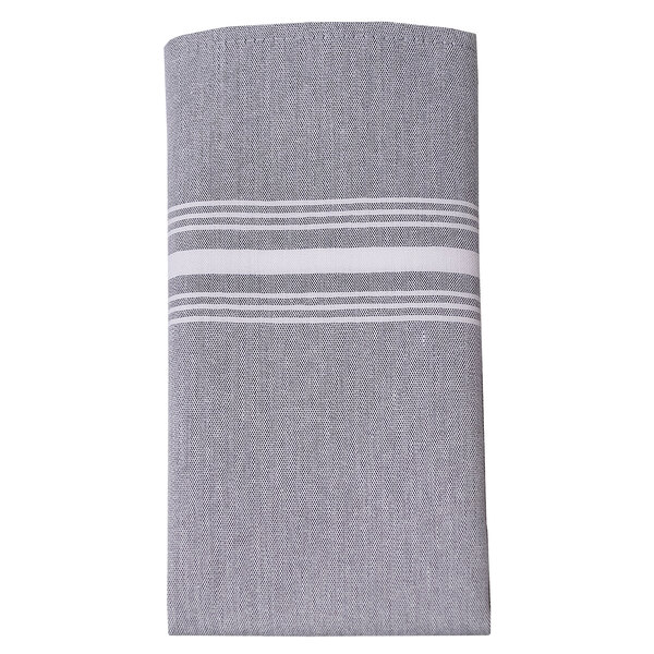 A black chambray cloth napkin with gray and white stripes.
