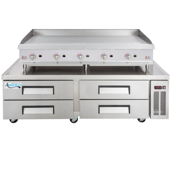 Cooking Performance Group 60GMRBNL 60" Gas Countertop Griddle with Manual Controls and 72", 4 Drawer Refrigerated Chef Base - 150,000 BTU