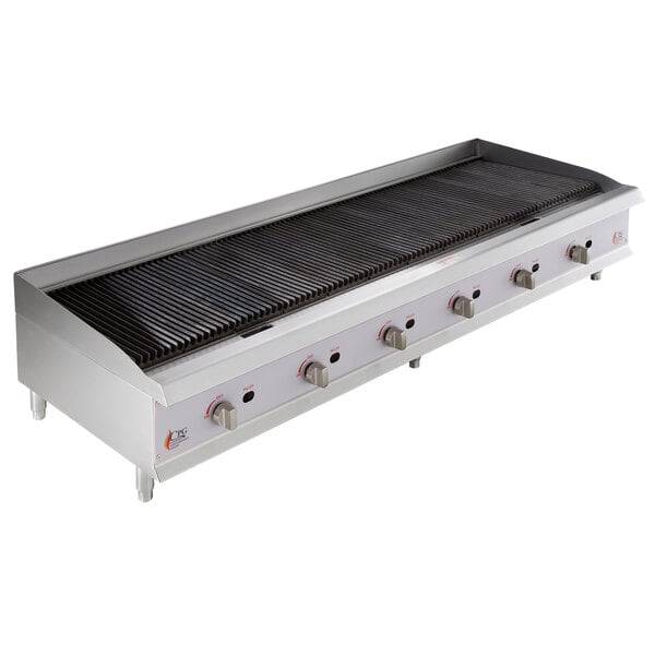 A Cooking Performance Group 72" gas lava briquette charbroiler with four knobs on a white background.