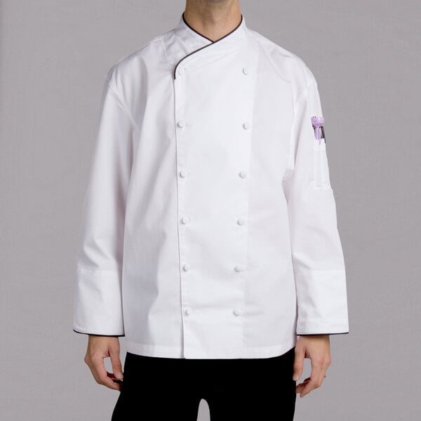 Chef Revival Corporate J008 Unisex White Customizable Executive Long Sleeve Chef Coat with Black Piping - M