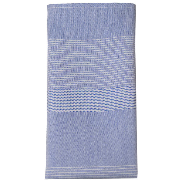 A close-up of a blue and white striped Snap Drape cloth napkin.
