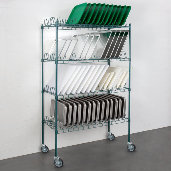 Regency 24 x 36 Green Epoxy Drying Rack 4-Shelf Kit with 64 Posts and  Casters - 3 Slots