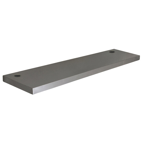 A stainless steel rectangular plate shelf with two holes.