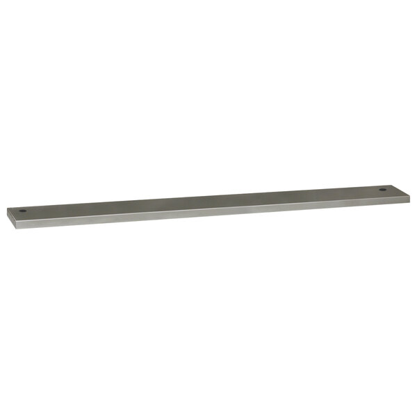 A rectangular stainless steel metal shelf with a long metal bar.