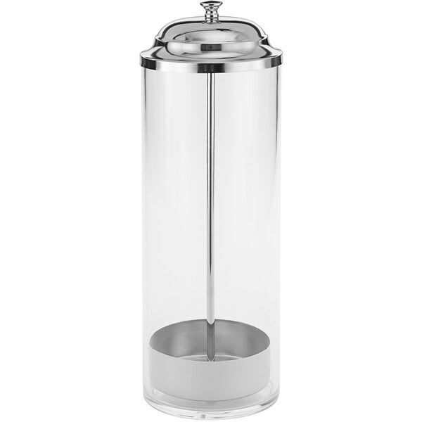 An American Metalcraft plastic countertop straw dispenser with a clear glass container and a metal lid and handle.