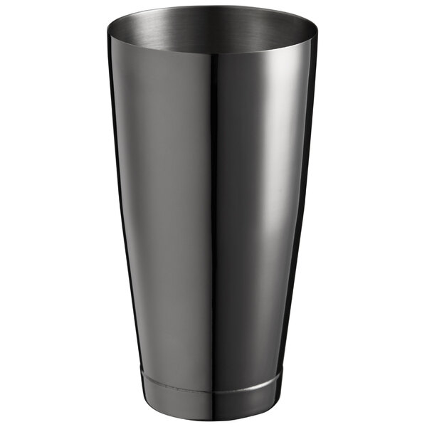 A Gun Metal Black stainless steel cocktail shaker tin with a silver rim.