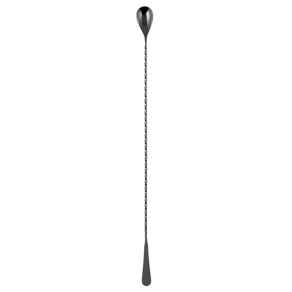 A Barfly gun metal black Japanese style bar spoon with a long handle.