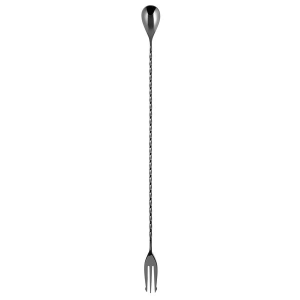 A Barfly gun metal black bar spoon with a fork end and a silver handle.
