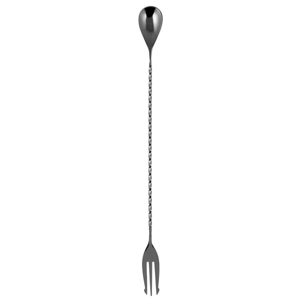 A Barfly gun metal bar spoon with a fork end.