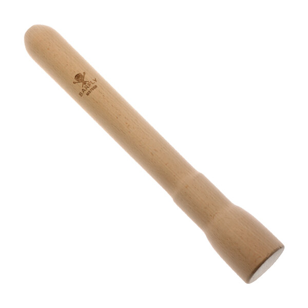 A Barfly natural wood muddler with a logo on the handle.