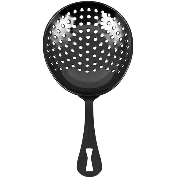 A black metal Julep strainer with holes.