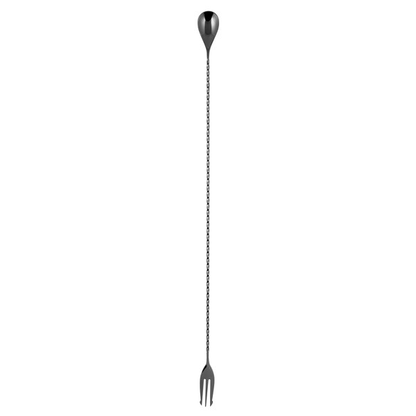 A long silver Barfly gun metal black bar spoon with a fork end.