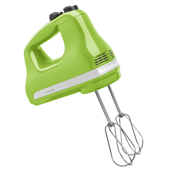 A green KitchenAid Ultra Power 5-speed hand mixer with stainless steel beaters.
