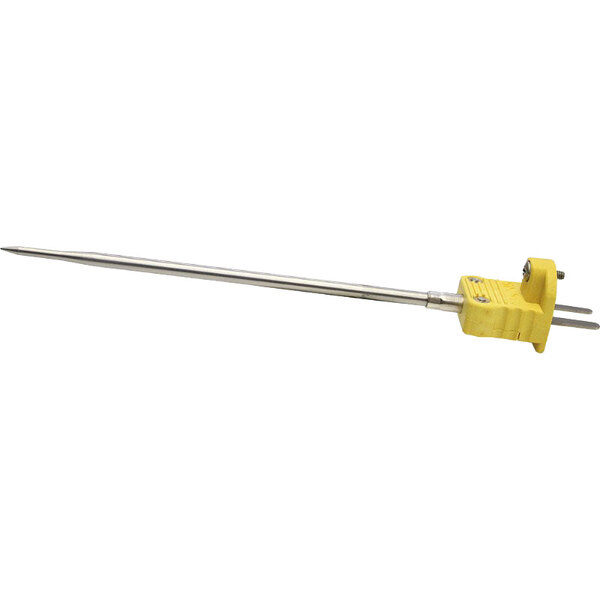 A yellow and silver metal Cooper-Atkins Type-K MicroNeedle probe with a long metal rod.