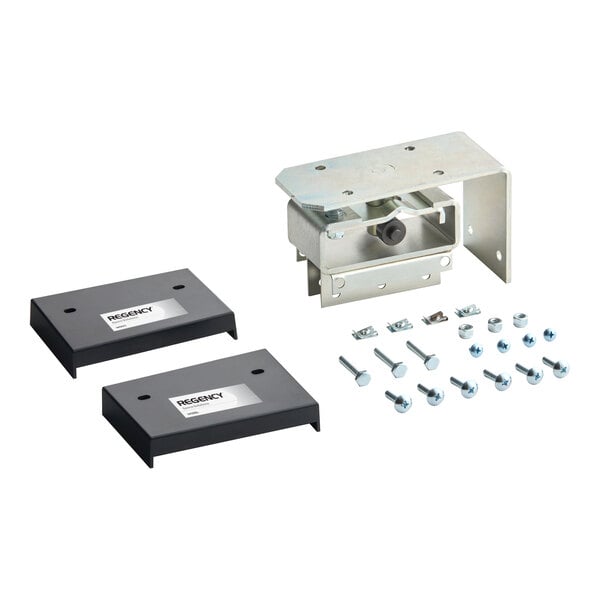 A metal bracket assembly, two rectangular black plates, and an assortment of screws and bolts are arranged on a white background.