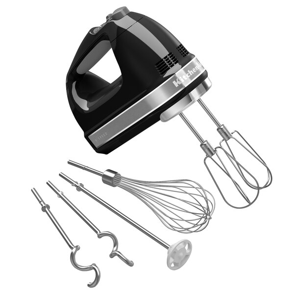 A black and silver KitchenAid 9-speed hand mixer with stainless steel attachments.